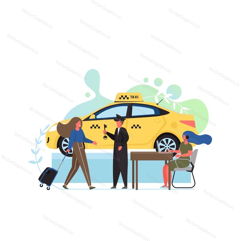 Служба такси, векторная плоская иллюстрация. Желтое такси, девушка-диспетчер такси, отправляющая такси клиентам, водитель дает ключ девушке-пассажирке с дорожной сумкой. Программное обеспечение для такси и проката автомобилей.