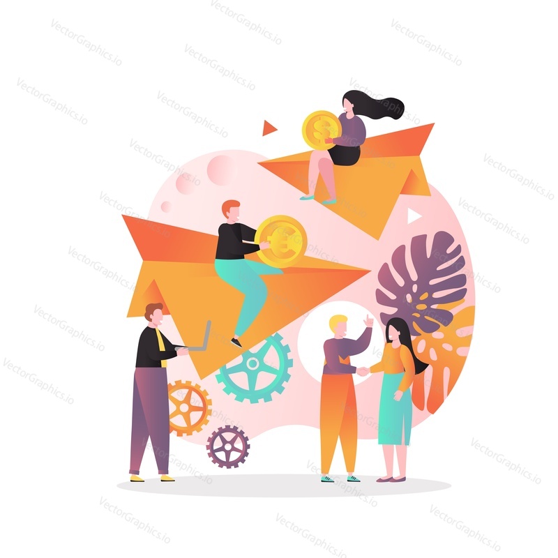 Vector illustration of business people sitting on flying paper planes with dollar and euro coins in hands, holding laptop. Digital currency exchange, online money transfer concept for website page etc