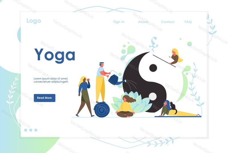 Векторный шаблон веб-сайта Yoga, дизайн веб-страницы и целевой страницы для разработки веб-сайтов и мобильных сайтов. Большой символ Инь и Ян и крошечные люди, выполняющие асаны йоги, поливающие цветок лотоса.