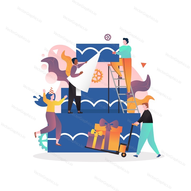 Tiny characters decorating big birthday cake with cream, vector illustration. Bakery, cake making services, confectionery composition for web banner, website page etc.