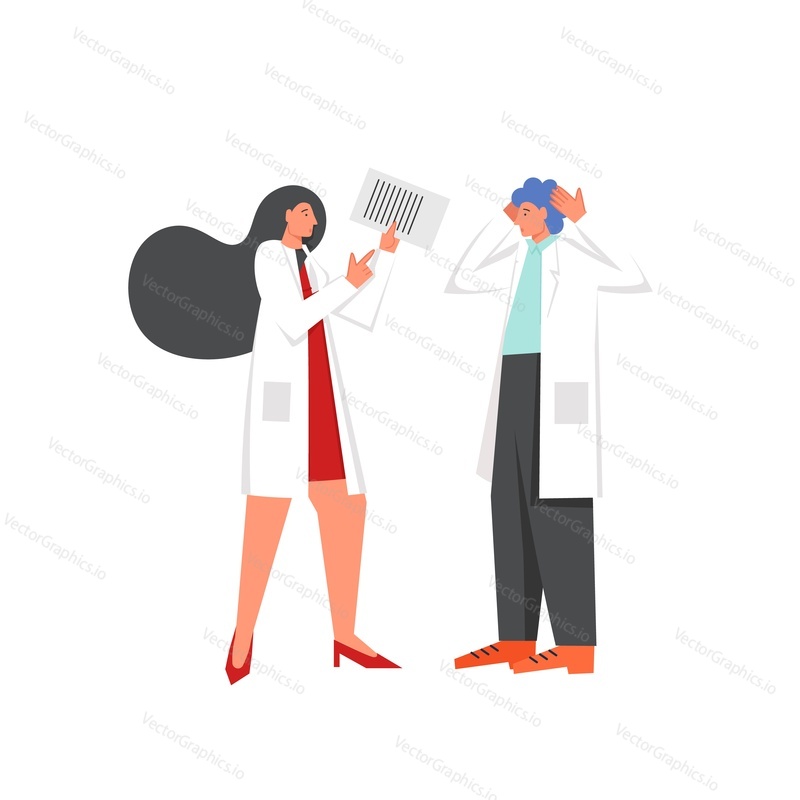 Male and female doctors talking to each other, vector flat style design illustration. Discussion about medical diagnosis and treatment, medicine and healthcare concept for web banner, website page etc