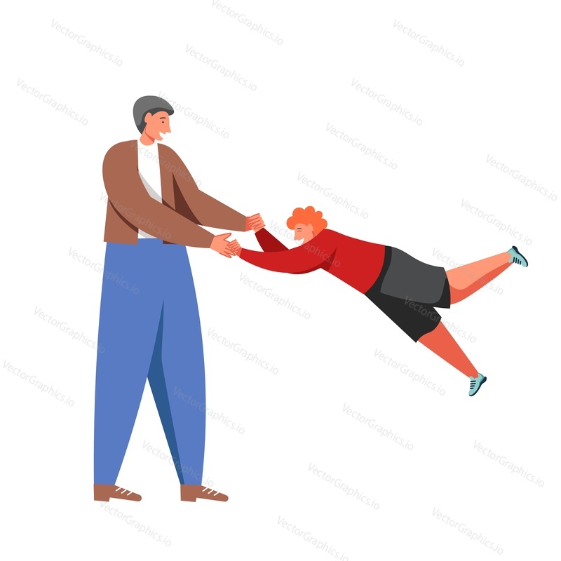 Happy dad playing with his son, vector flat style design illustration isolated on white background. Parenting, parenthood, fatherhood, parent-child relationship.