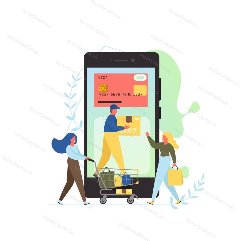 Online shop, vector flat illustration. Big smartphone with bank card and delivery man with cardboard box on screen, tiny women with shopping cart, bags. Online store app, internet payment, delivery.