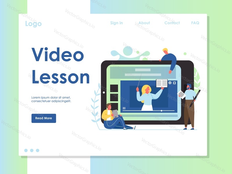 Video lesson vector website template, web page and landing page design for website and mobile site development. Online education, e-learning, online training concept.
