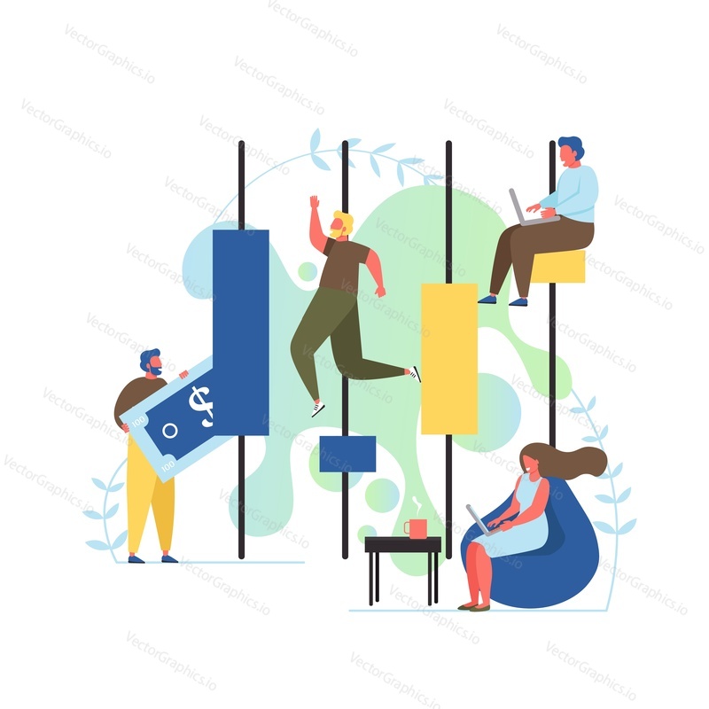 Stock exchange, vector flat style design illustration. Candlestick chart, tiny characters brokers traders sell or buy shares using laptops. Stock market concept for web banner, website page etc.