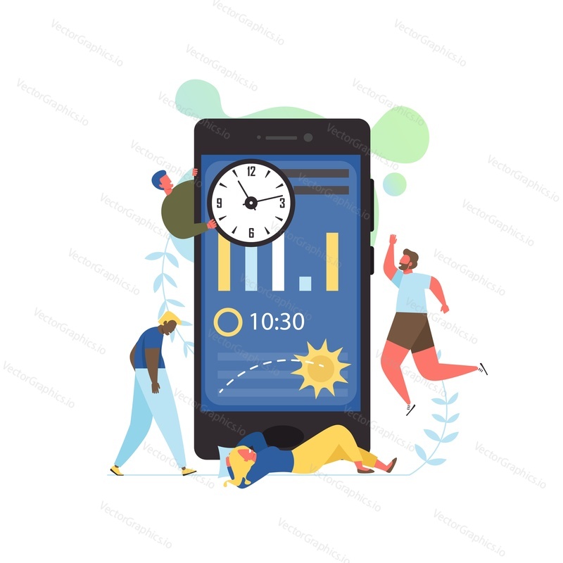 Sleep app, vector flat style design illustration. Big smartphone with clock, sleep analysis bar graph on screen and tiny people. Sleep tracker application concept for web banner, website page etc.