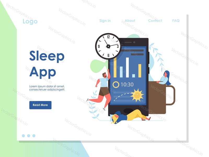 Sleep app vector website template, web page and landing page design for website and mobile site development. Application for tracking and improving sleep concept.