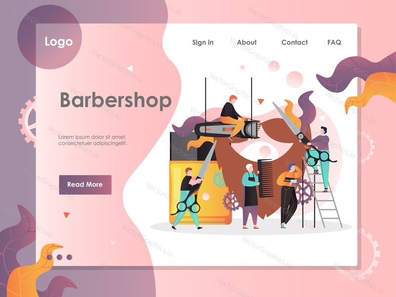 Barbershop vector website template, web page and landing page design for website and mobile site development. Beard grooming services concept.