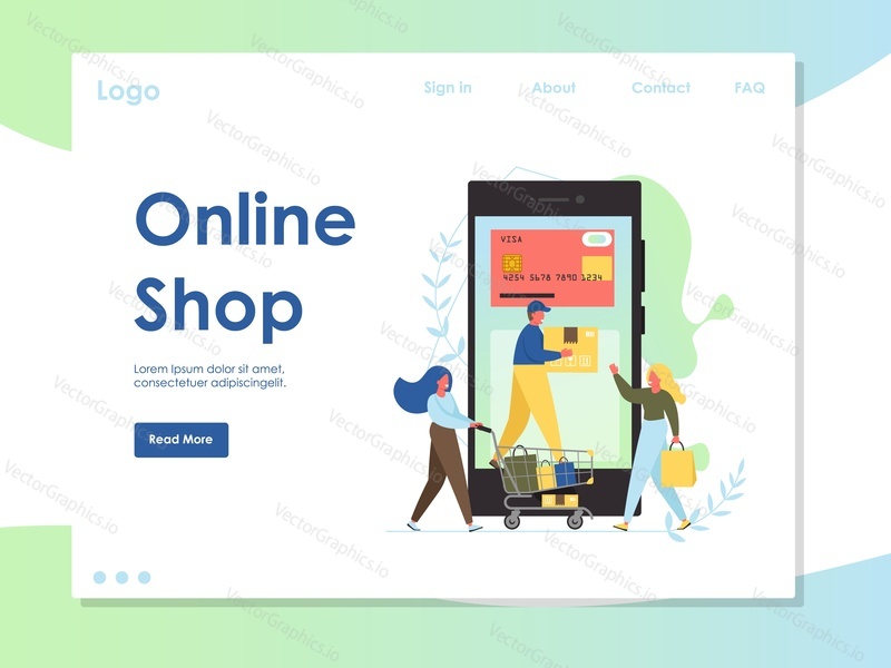 Online shop vector website template, web page and landing page design for website and mobile site development. Online store app, internet payment, delivery service concept.
