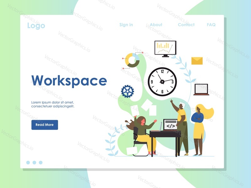 Workspace vector website template, web page and landing page design for website and mobile site development. Software engineers, programmers workstation, office workplace with people working together.