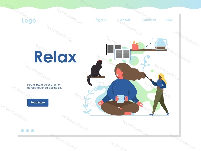 Relax vector website template, web page and landing page design for website and mobile site development. Relaxation, meditation, asana, home yoga concept.