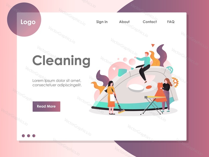 Cleaning vector website template, web page and landing page design for website and mobile site development. Cleaning company services, laundry and ironing.