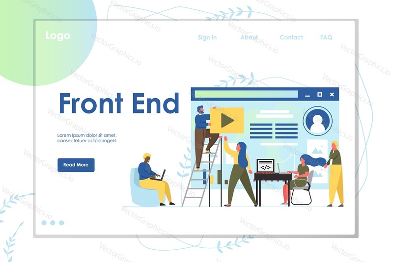 Front end vector website template, web page and landing page design for website and mobile site development. Frontend website development concept with characters.