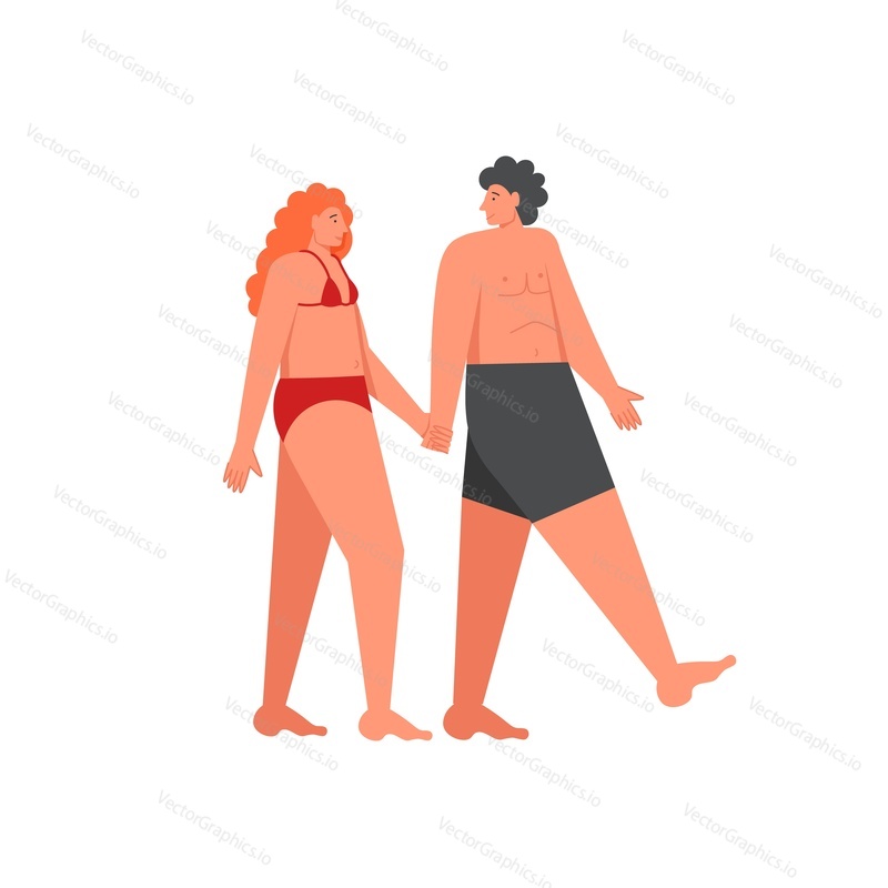 Романтическая пара, идущая по пляжу, держась за руки, векторная иллюстрация дизайна в плоском стиле. Концепция летних каникул на море для веб-баннера, страницы веб-сайта и т.д.