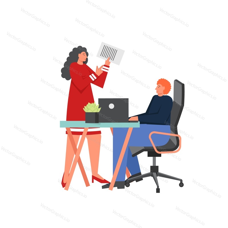 Business people at work, vector flat style design illustration. Woman showing document to man sitting at table. Office work concept for web banner, website page etc.
