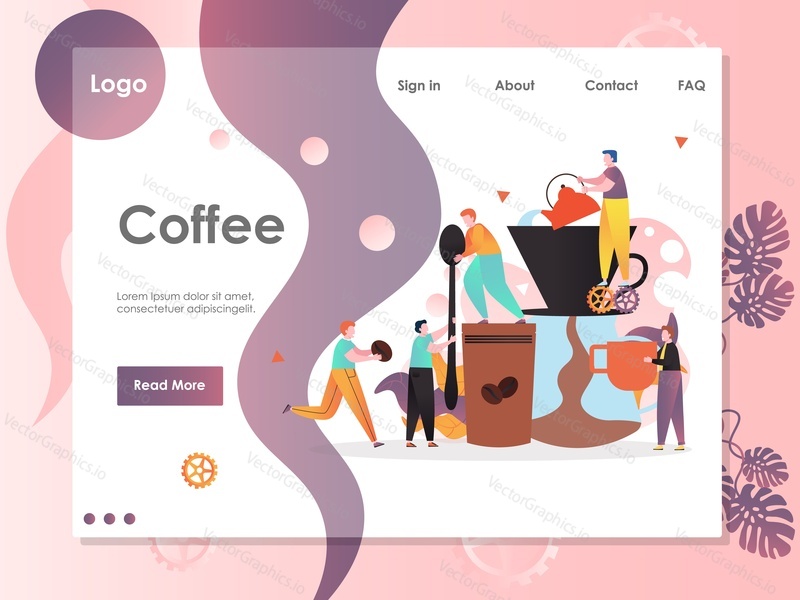 Шаблон веб-сайта Coffee vector, дизайн веб-страницы и целевой страницы для разработки веб-сайтов и мобильных сайтов. Концепция кофейни, кафе, бара или кофейни с командой бариста, готовящих кофе.