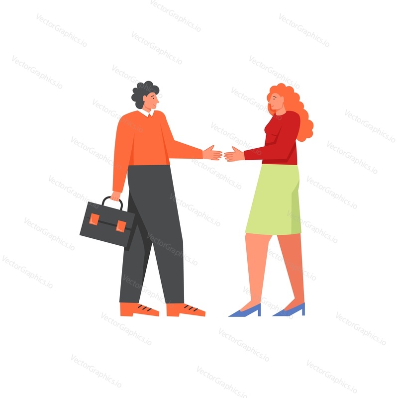 Business man and business woman shaking hands, vector flat style design illustration. Business agreement or meeting concept for web banner, website page etc.