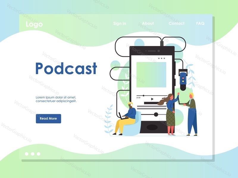 Podcast vector website template, web page and landing page design for website and mobile site development. Big smartphone, tiny people listening to podcast programmes on different digital devices.