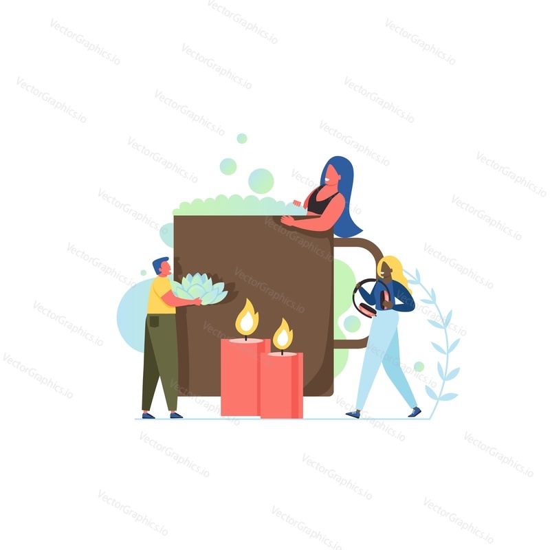 Vector flat illustration of big cup, candles, tiny people man with lotus flower, woman with headphones. Relaxation, yoga class concept for web banner, website page etc.