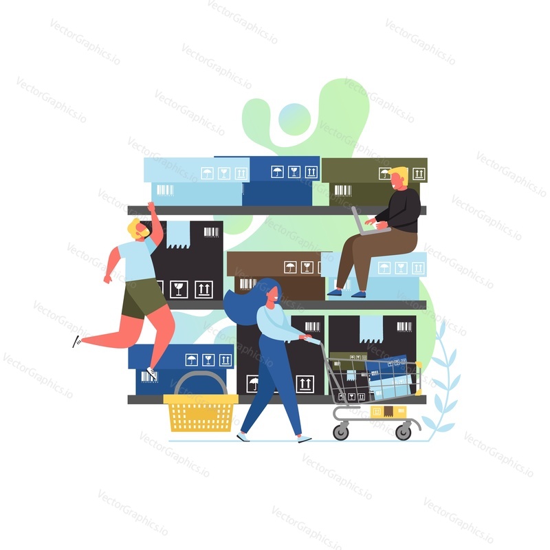 Vector flat illustration of tiny people, big cardboard boxes on shelves, young woman with shopping cart. Retail, online shopping, e-commerce concept for web banner, website page etc.