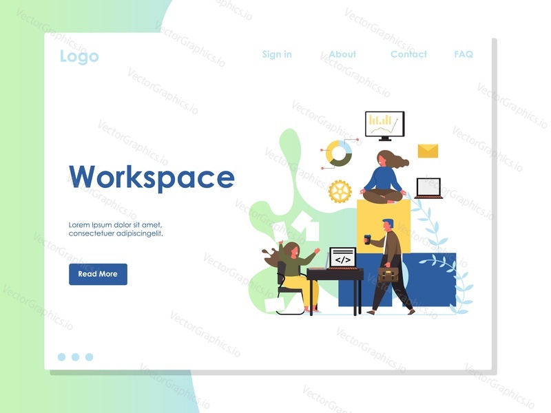 Workspace vector website template, web page and landing page design for website and mobile site development. Computer programmers working and taking rest at office workplace.