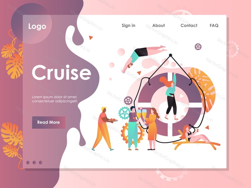 Круизный векторный шаблон веб-сайта, дизайн веб-страницы и целевой страницы для разработки веб-сайтов и мобильных сайтов. Морское путешествие, концепция круизного времени с персонажами, отдыхающими на пассажирском лайнере.