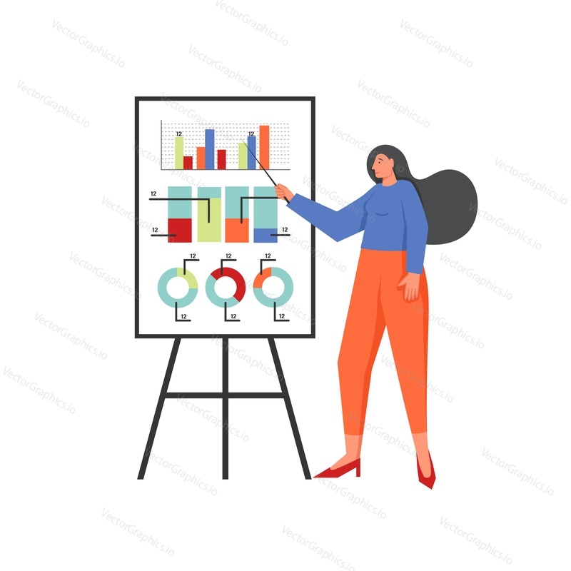 Business presentation, vector flat style design illustration. Young woman giving lecture, pointing at graphs on flip chart board. Business workshop, training concept for web banner, website page etc.