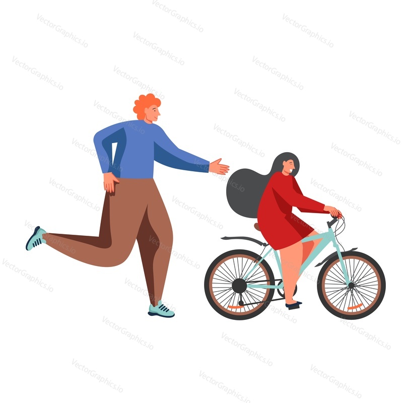 Happy dad helping his daughter to ride bicycle, vector flat style design illustration isolated on white background. Happy family, parenting, parenthood, fatherhood, parent-child relationship.