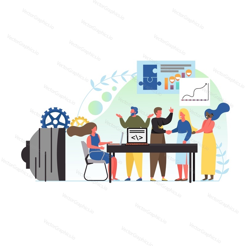 Marketing, vector flat style design illustration. Digital marketing team, business product or service promotion and selling concept for web banner, website page etc.