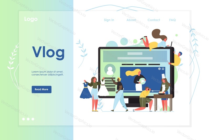 Vlog vector website template, web page and landing page design for website and mobile site development. Vlog, creating video content concept with big computer monitor and tiny characters.