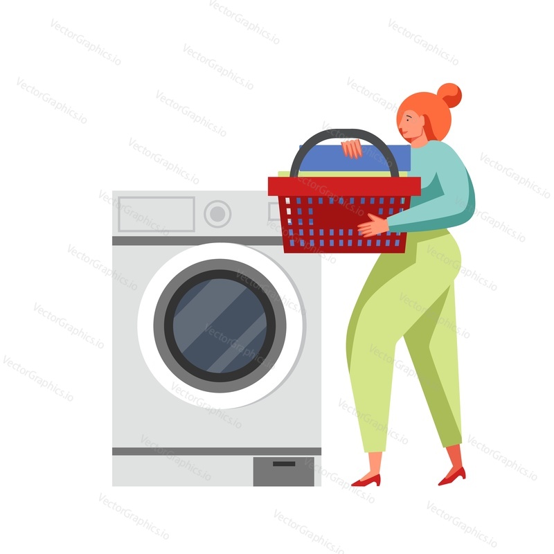 Young woman holding laundry basket while standing next to washing machine, vector flat illustration isolated on white background. Cleaning and laundry service concept for web banner, website page etc.