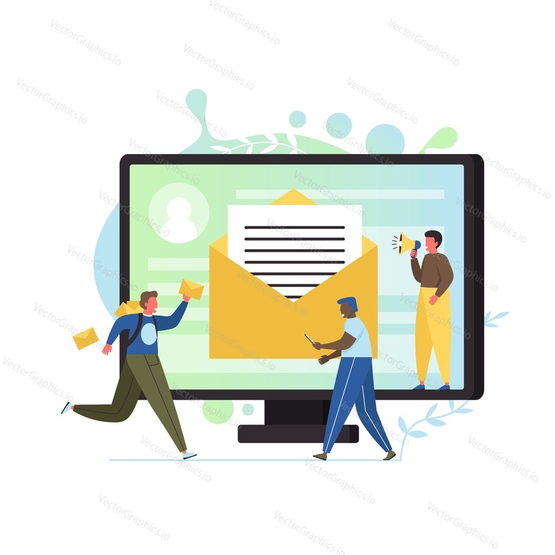 Vector flat illustration of big computer monitor with letter in opened envelope, read message icon, tiny people sending and receiving electronic mail. Online communication, email marketing concept.