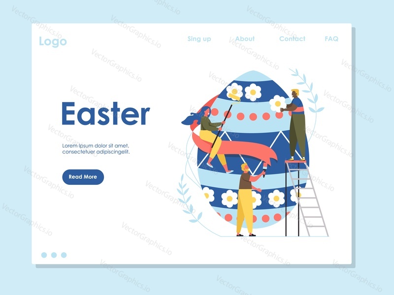 Easter landing page web site template with cartoon characters. Happy family paint easter egg. Vector illustration. Holiday celebration.