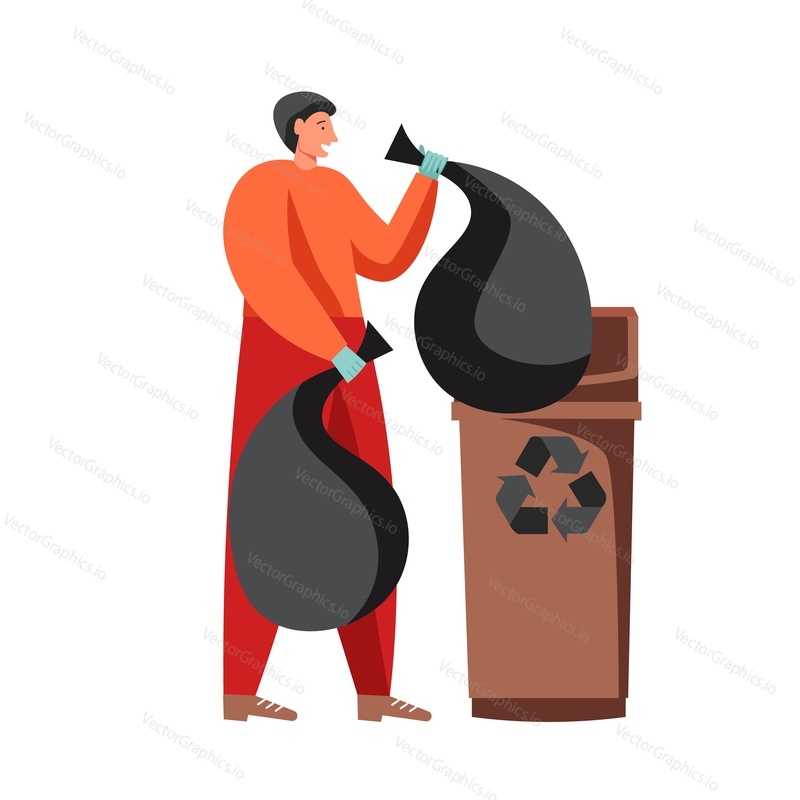 Janitor man throwing garbage bags into brown trash can recycling container, vector flat illustration isolated on white background. Cleaning company service concept for web banner, website page etc.