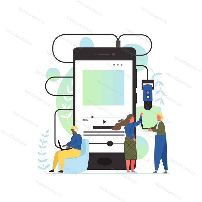 Podcast vector flat style design illustration. Big smartphone and tiny people listening to podcast audio programmes on mobile phone, laptop computer, portable media player.