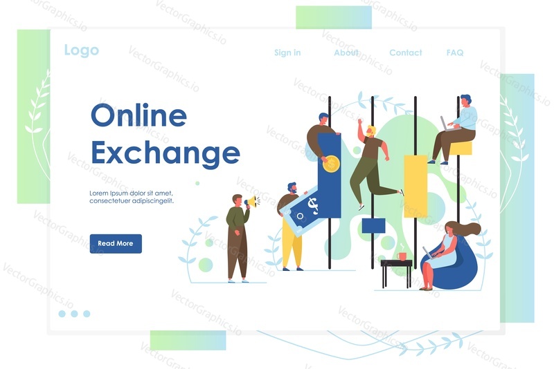 Online exchange vector website template, web page and landing page design for website and mobile site development. Electronic financial stock market concept.