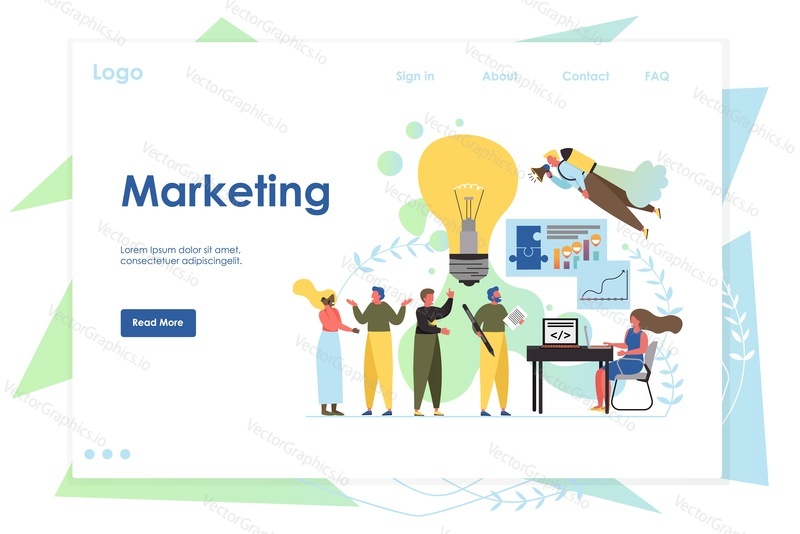 Marketing vector website template, web page and landing page design for website and mobile site development. Digital marketing team, business promotion and solution concept.