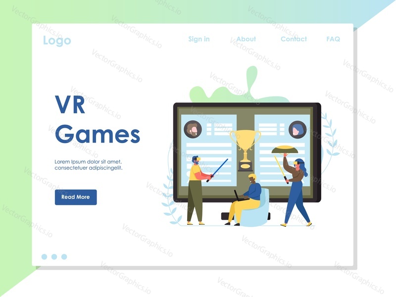 VR games vector website template, web page and landing page design for website and mobile site development. Virtual reality game on pc computer, virtual reality gaming concept.