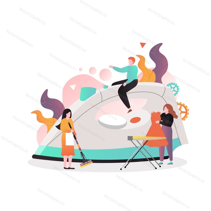 Tiny characters cleaning company team professionals and big iron vector illustration. Cleaning, laundry and ironing services concept for web banner, website page etc.