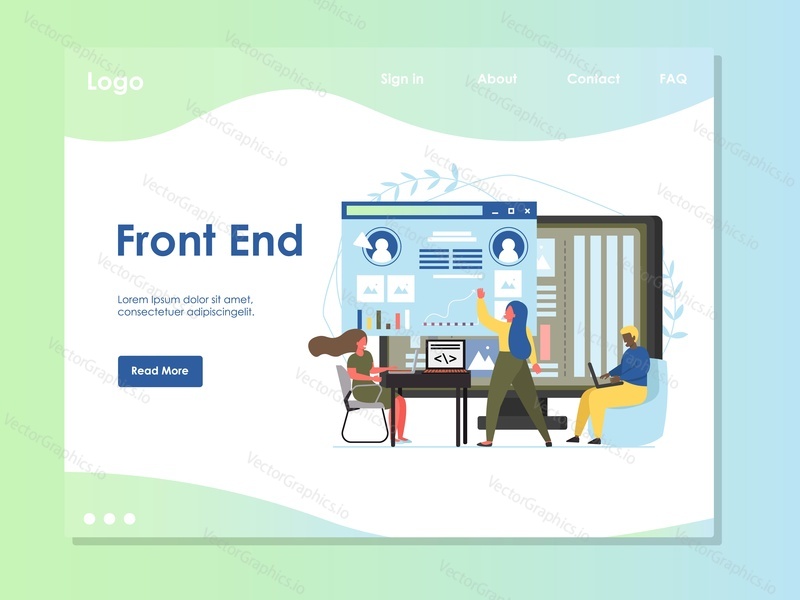 Front end vector website template, web page and landing page design for website and mobile site development. Web design software development process.