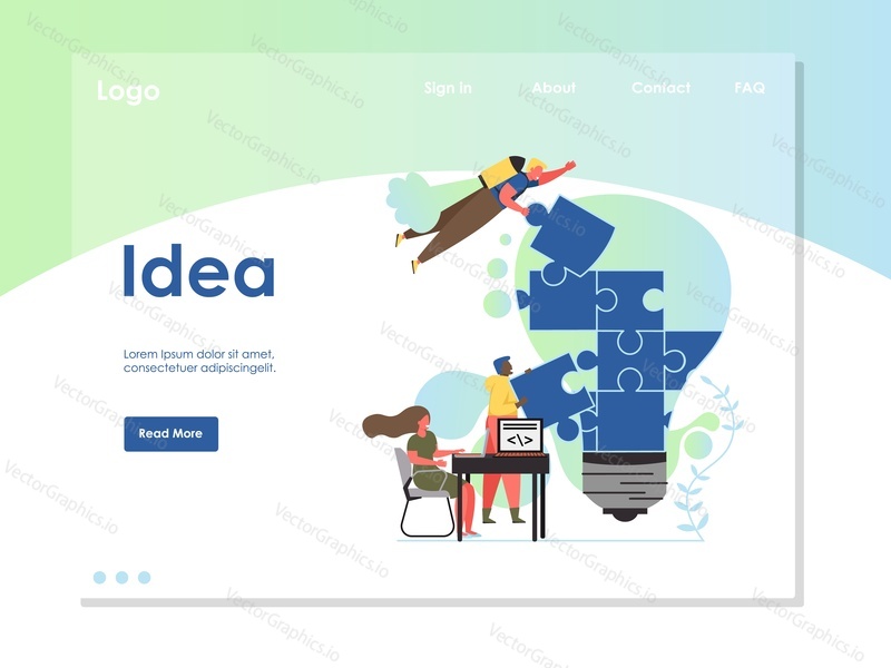 Idea vector website template, web page and landing page design for website and mobile site development. Creative process of idea generating, developing and solution, teamwork concept.