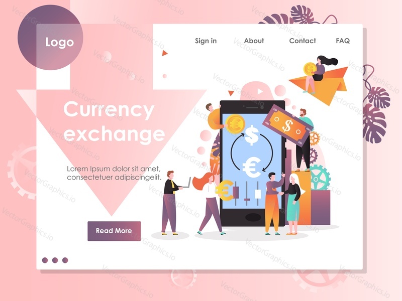 Currency exchange vector website template, web page and landing page design for website and mobile site development. Mobile currency exchange service concept with characters.