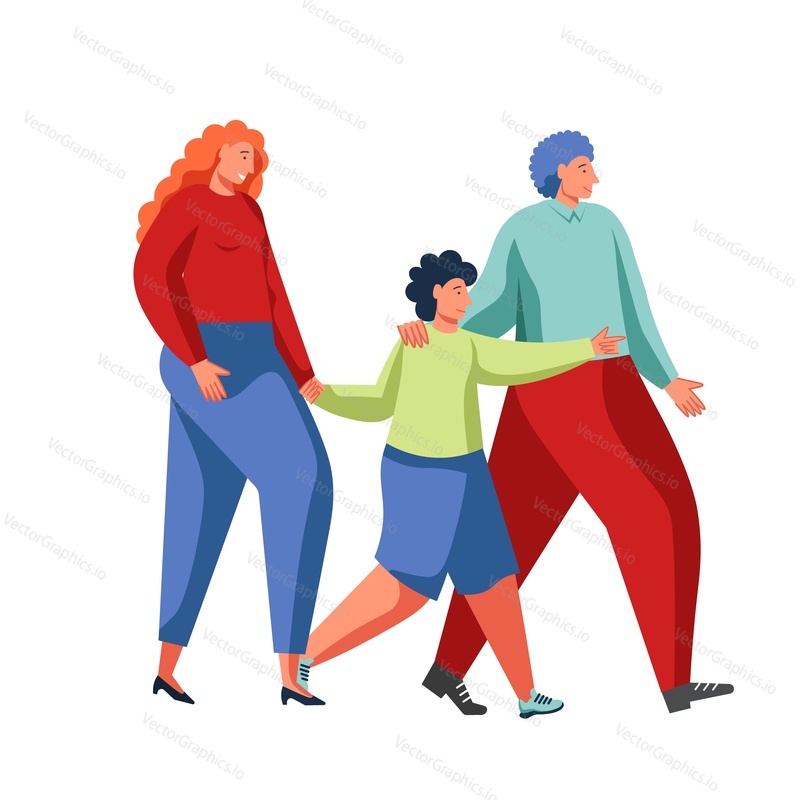 Happy family father, mother and son walking together, vector flat style design illustration isolated on white background. Parenting, motherhood, fatherhood, parenthood, parent-child relationship.