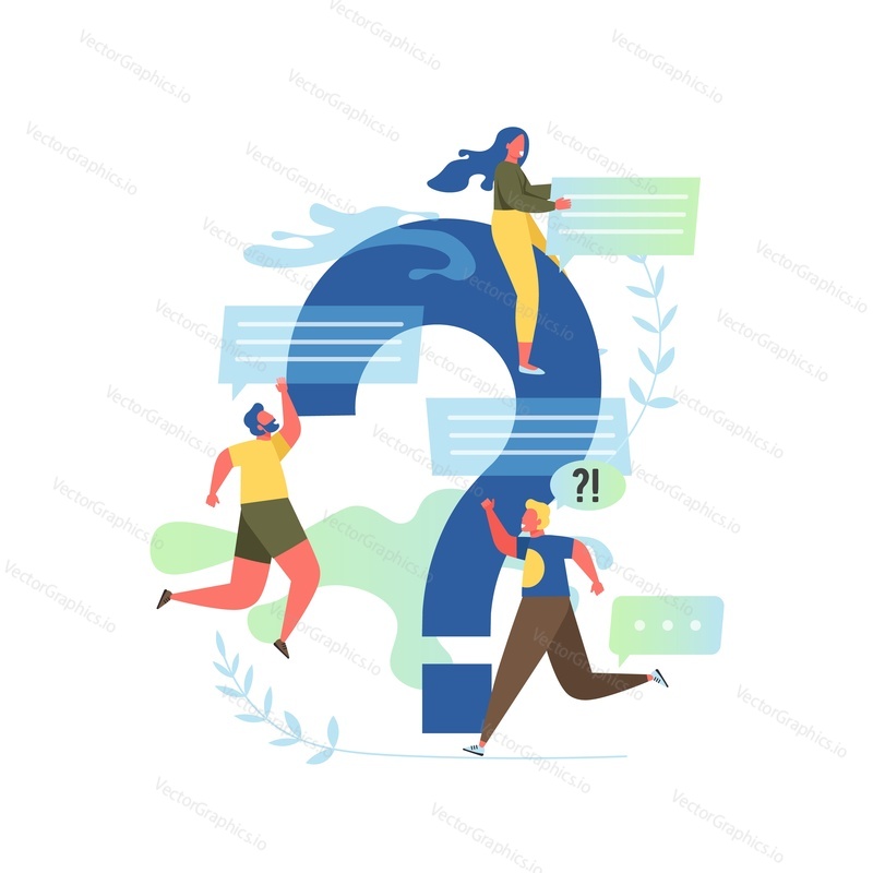 Frequently asked questions, vector flat illustration. Big question mark and tiny people with speech bubbles asking and answering questions. FAQ and QA concept for web banner, website page etc.