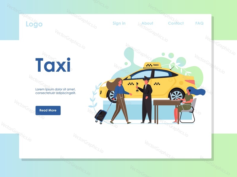 Векторный шаблон веб-сайта такси, дизайн веб-страницы и целевой страницы для разработки веб-сайтов и мобильных сайтов. Концепция городского транспорта службы такси.