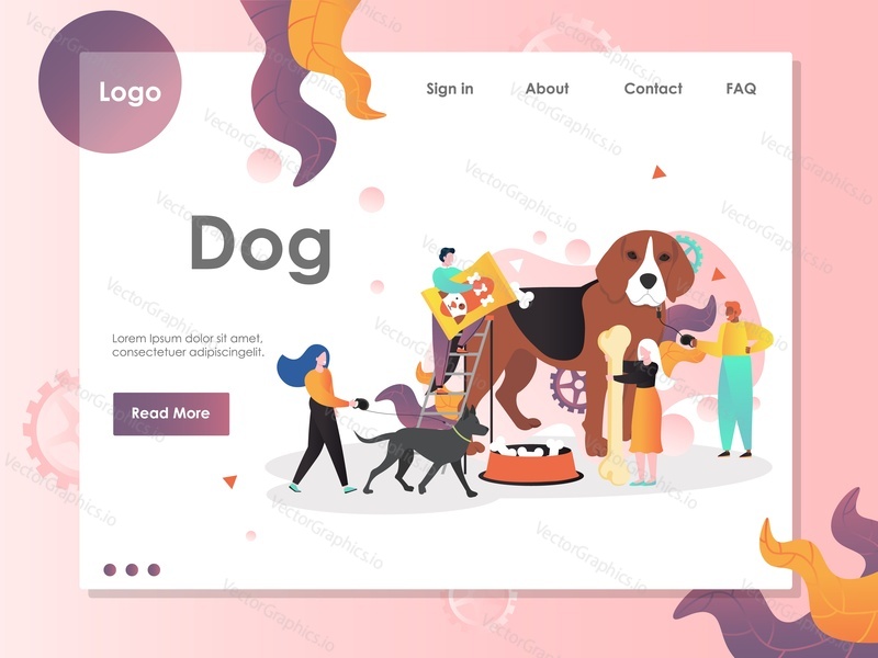Dog vector website template, web page and landing page design for website and mobile site development. Pet shop composition with dog food, supplies and characters sellers, pet owners with puppies.