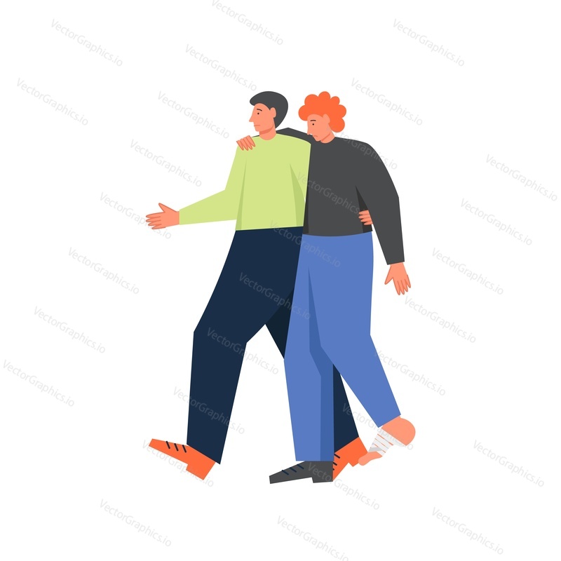 Sick man, vector flat style design illustration. Young man assisting to walk the other one in need of medical attention. Medicine and healthcare concept for web banner, website page etc.