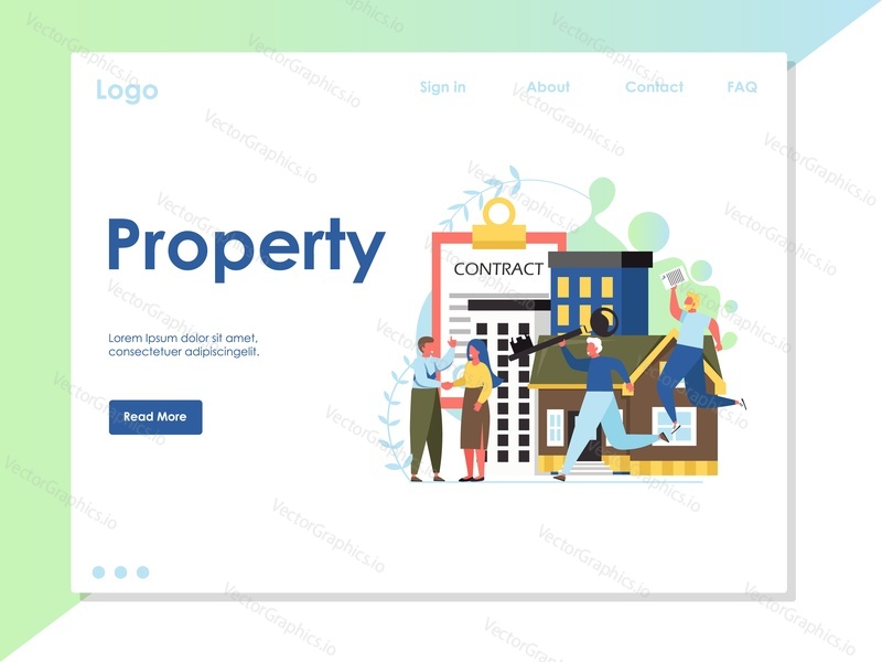 Шаблон веб-сайта Property vector, дизайн веб-страницы и целевой страницы для разработки веб-сайтов и мобильных сайтов. Концепция услуг агентства недвижимости с персонажами.