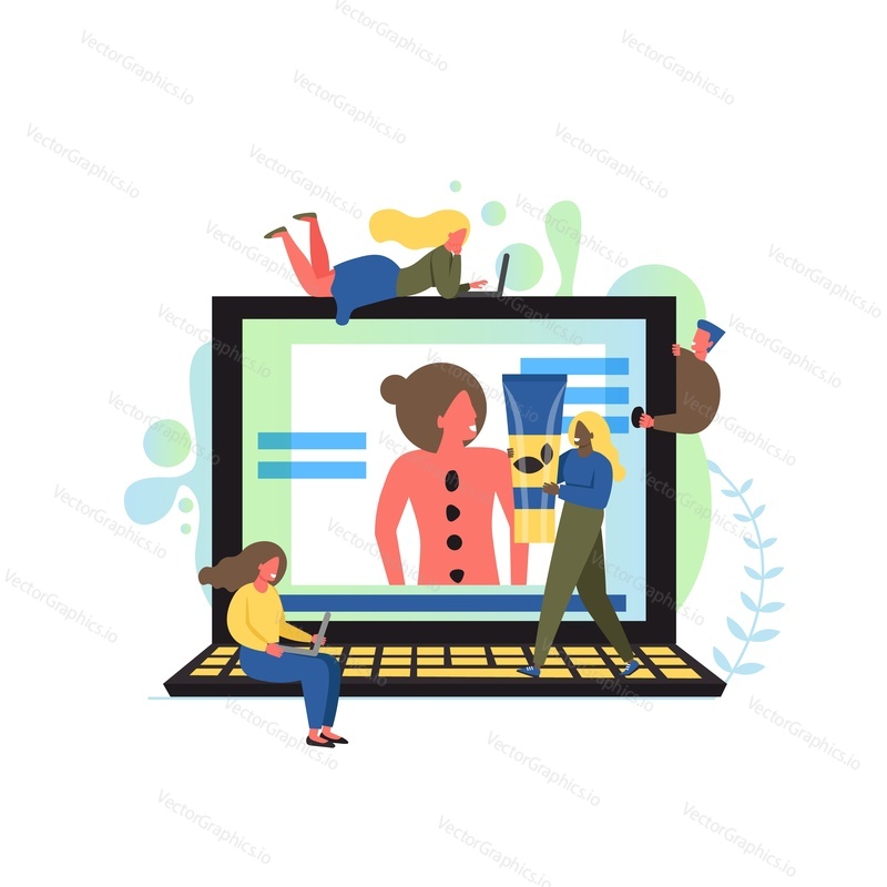 Online spa booking concept, vector flat style design illustration. Big laptop computer with woman getting spa relax hot stone massage treatment on screen, tiny characters.