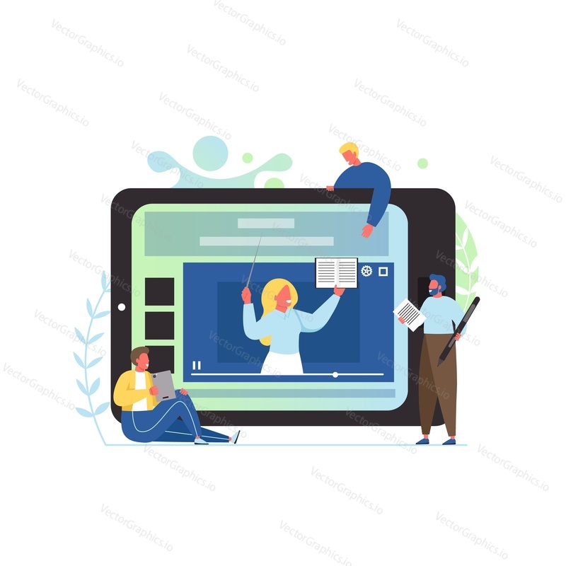 Video lesson, vector flat style design illustration. Big tablet with teacher on screen, tiny characters. Online education, e-learning, online training concept for web banner, website page etc.